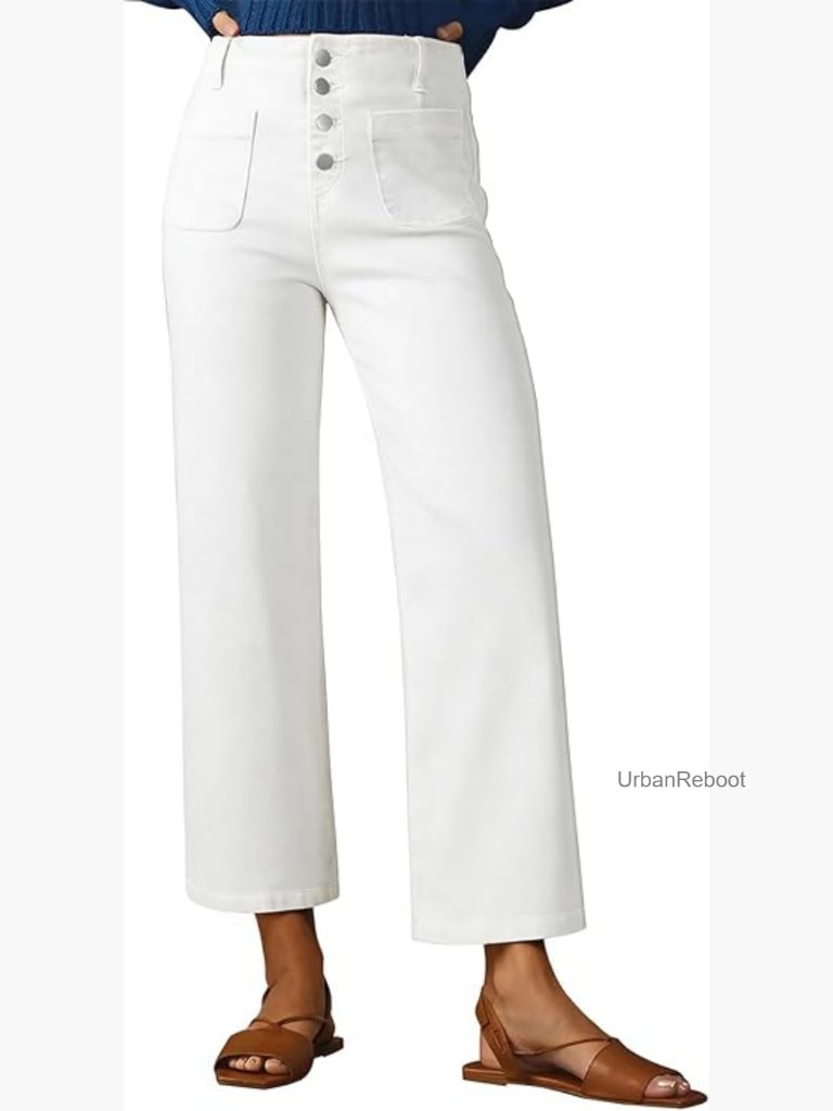 High Waisted Wide Leg Jeans Stretchy Buttoned Denim Pants With Pockets